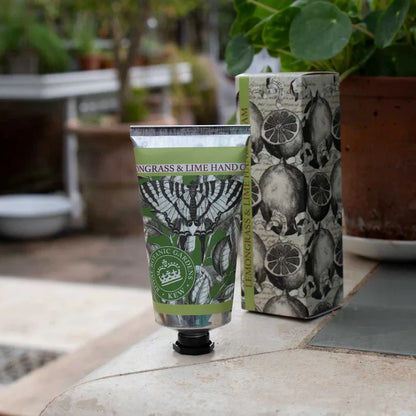 Nourishing and fragrant lemongrass and lime hand cream with botanical packaging.