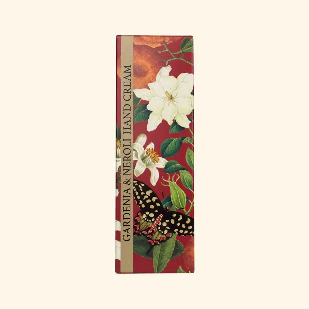 Kew Gardens Gardenia & Neroli Hand Cream with botanical packaging design.