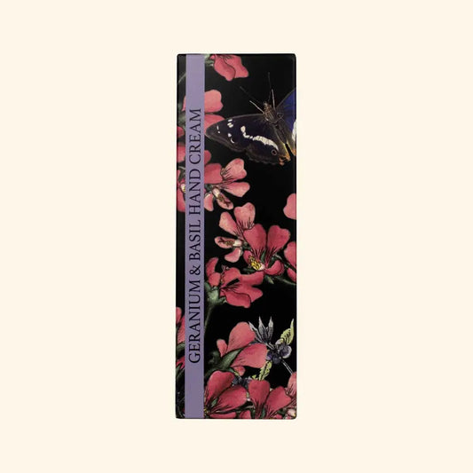 Kew Gardens Geranium & Basil Hand Cream with floral packaging.