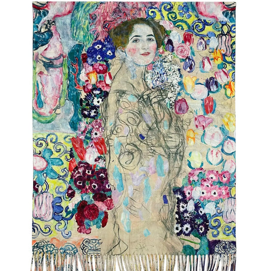 Klimt Portrait of Maria Munk reversible wool scarf with vibrant florals and tassels.