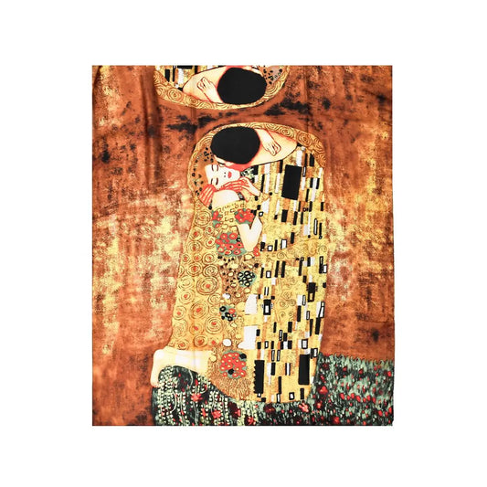 Klimt the Kiss painting print silk scarf with rich color palette.