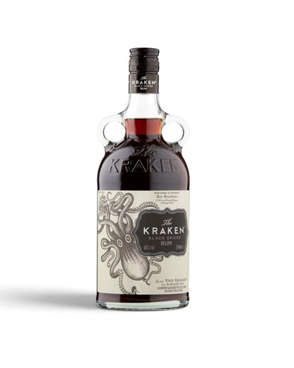 A bottle of The Kraken Black Label Rum on a clean white background. The bottle has a unique double-hoop handle design and features a cream-colored label with an octopus illustration and black text.