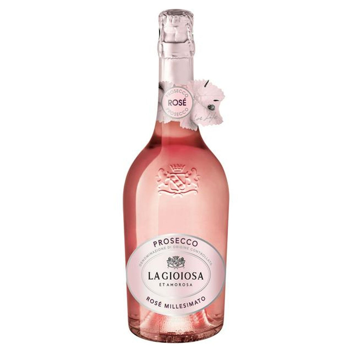 La Gioiosa Sparkling Rose Prosecco bottle made from Pinot Noir and Pinot Blanc grapes.