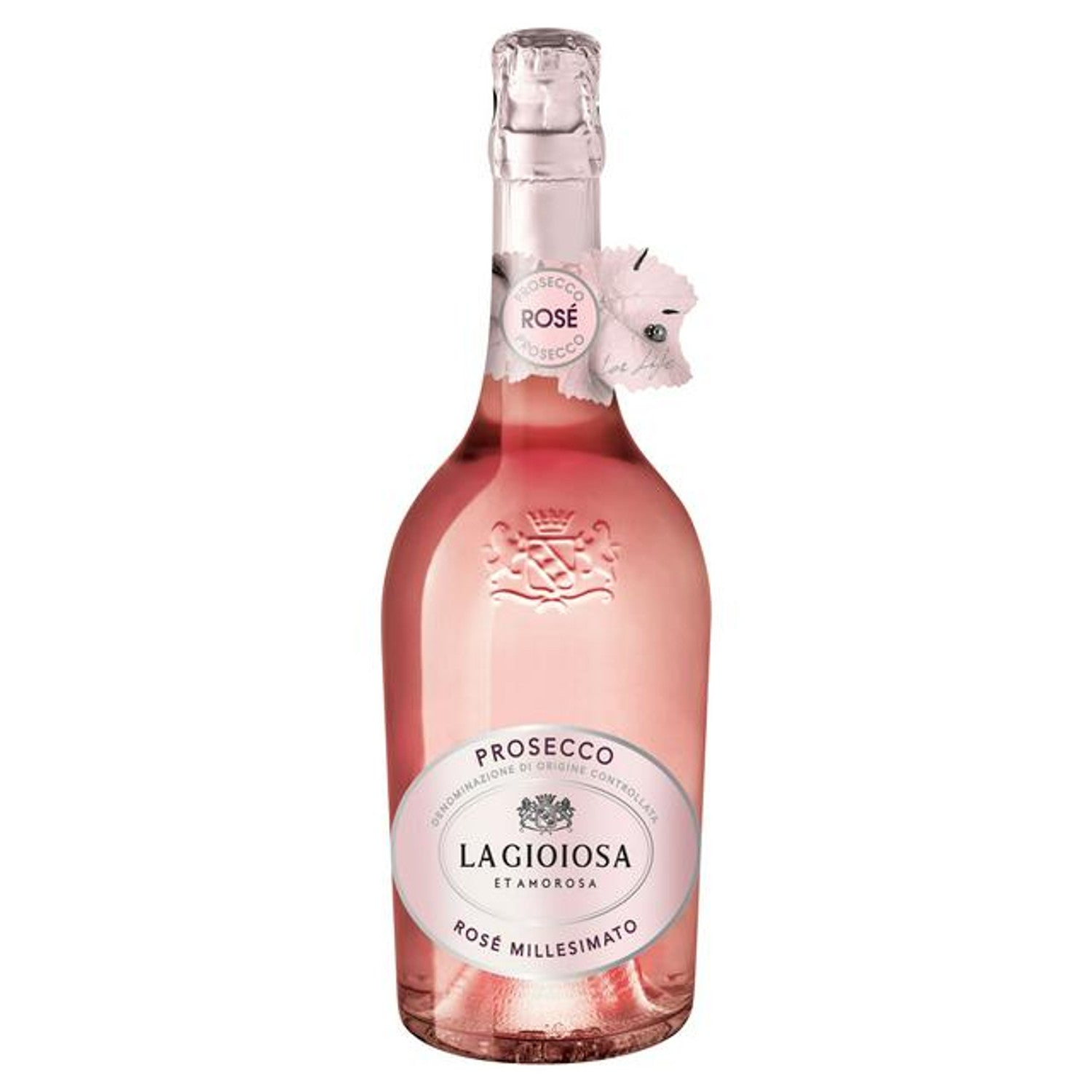 La Gioiosa Sparkling Rose Prosecco bottle made from Pinot Noir and Pinot Blanc grapes.