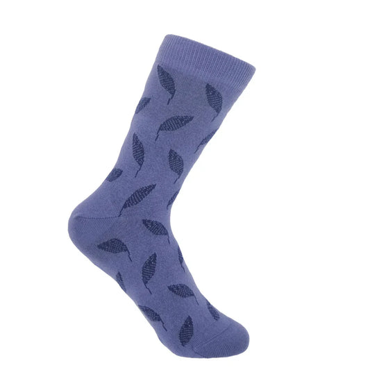 Leaf Women's Luxury Socks in blue with leaf pattern, made from fine Mercerised Egyptian cotton.