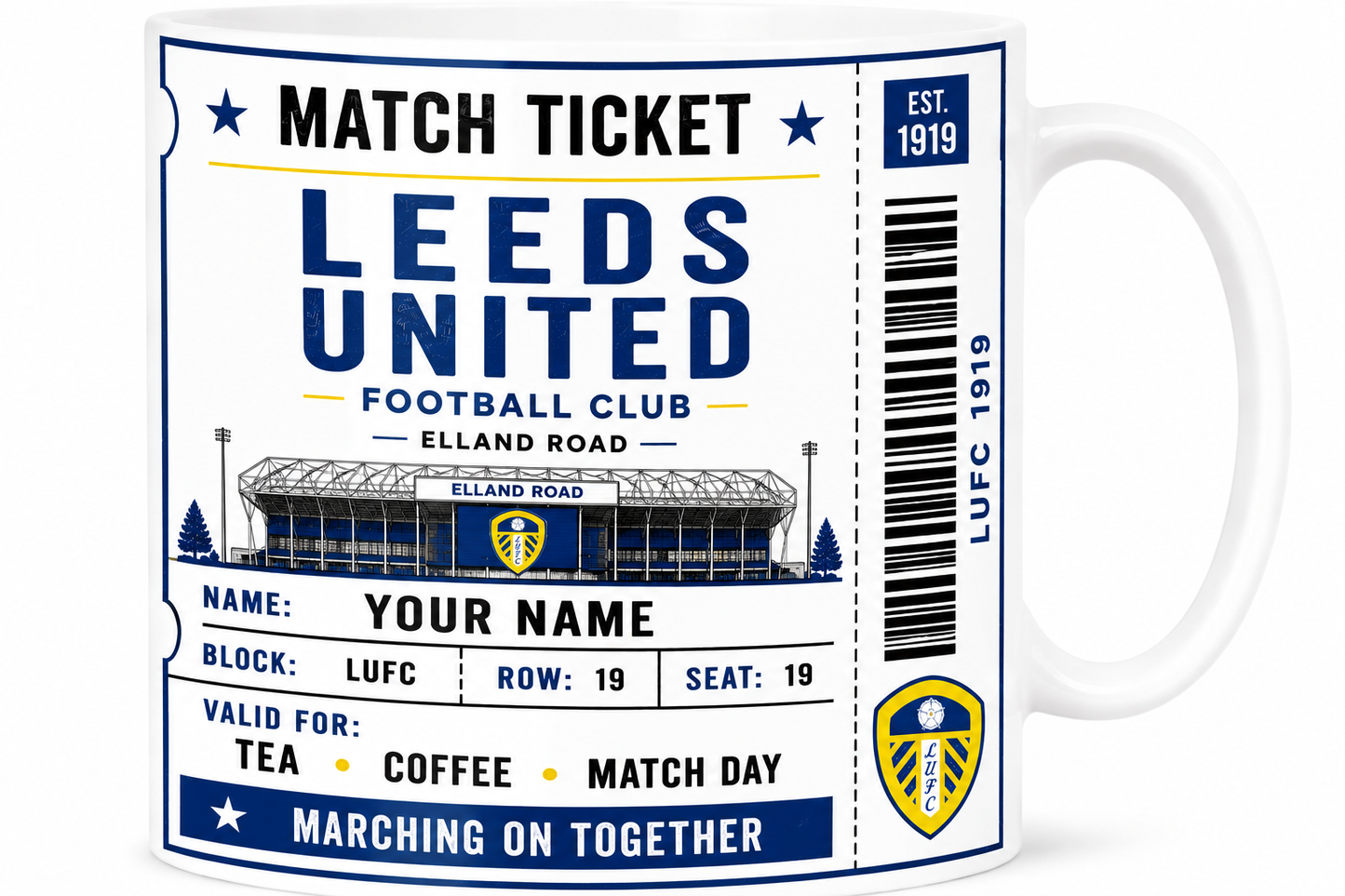 Mug with Leeds United football club design, including stadium illustration and match ticket layout.