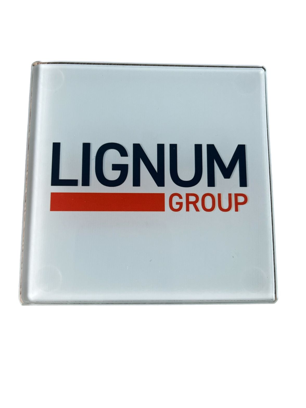 Frosted glass coaster personalised with a company logo.