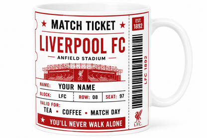 Mug with Liverpool FC design featuring a match ticket theme.