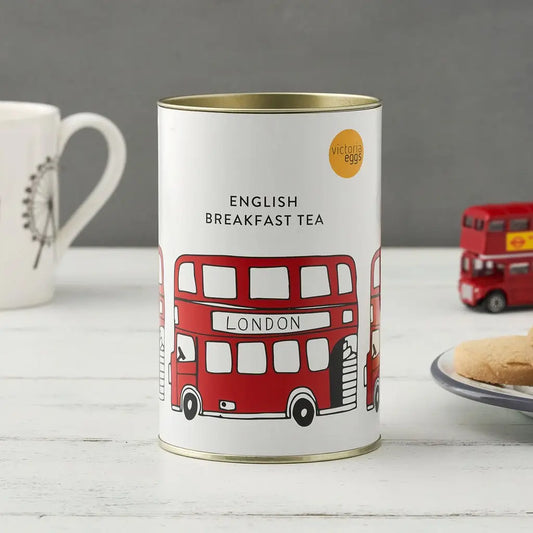 London Breakfast Tea tin with classic English double-decker bus design.