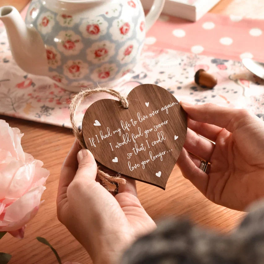 Heart shaped loving message decorative wooden plaque with jute twine for hanging.