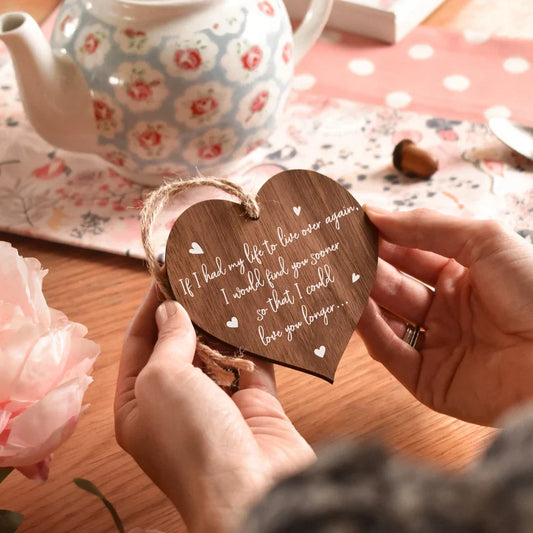 Heart shaped loving message decorative wooden plaque with jute twine.