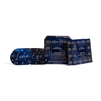 Self-heating eye mask infused with chamomile or lavender for relaxation, eye strain relief and better sleep.