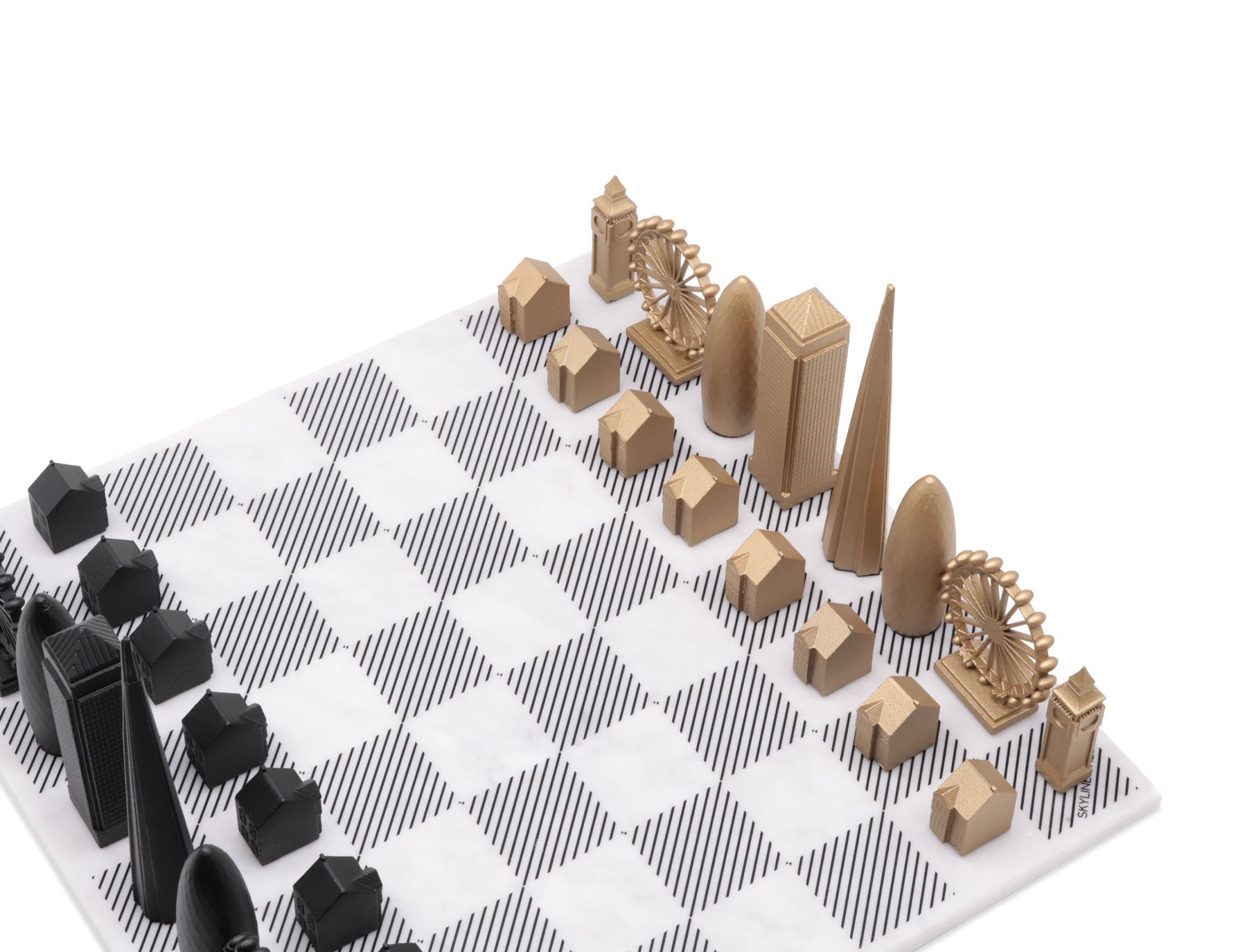 Luxury Bronze Edition Skyline Chess Set with marble board, featuring intricately sculpted bronze chess pieces inspired by iconic city skylines.