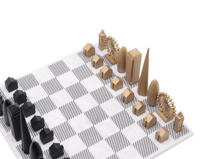 Luxury Bronze Edition Skyline Chess Set with marble board, featuring intricately sculpted bronze chess pieces inspired by iconic city skylines.