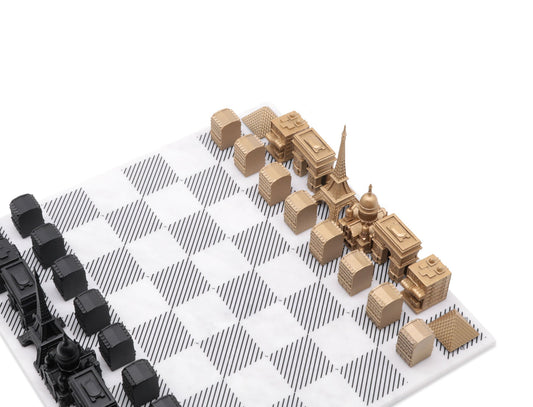 Luxury Bronze Edition Skyline Chess Set with marble board, featuring intricately sculpted bronze chess pieces inspired by iconic city skylines.