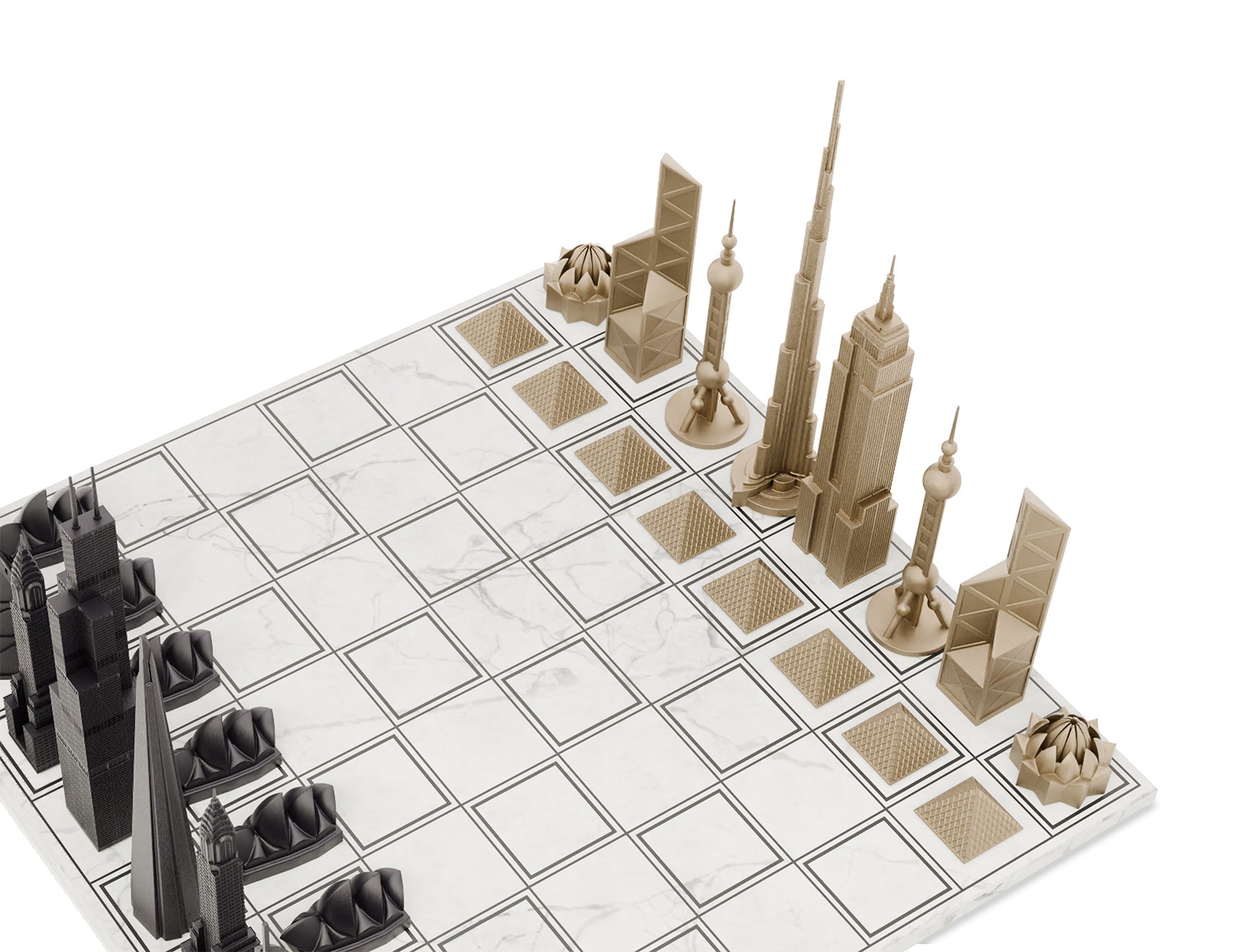 Luxury Bronze Edition Skyline Chess Set with marble board, featuring intricately sculpted bronze chess pieces inspired by iconic city skylines.
