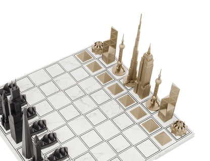 Luxury Bronze Edition Skyline Chess Set with marble board, featuring intricately sculpted bronze chess pieces inspired by iconic city skylines.