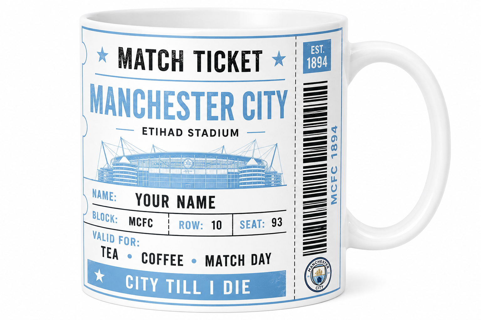 Mug with Manchester City match ticket design on a white background