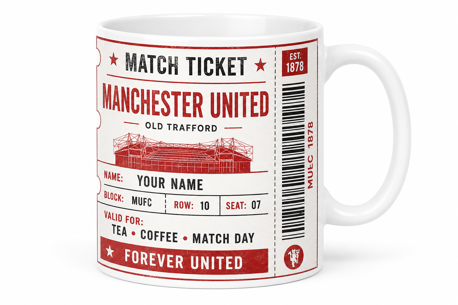 Mug with Manchester United match ticket design on a white background