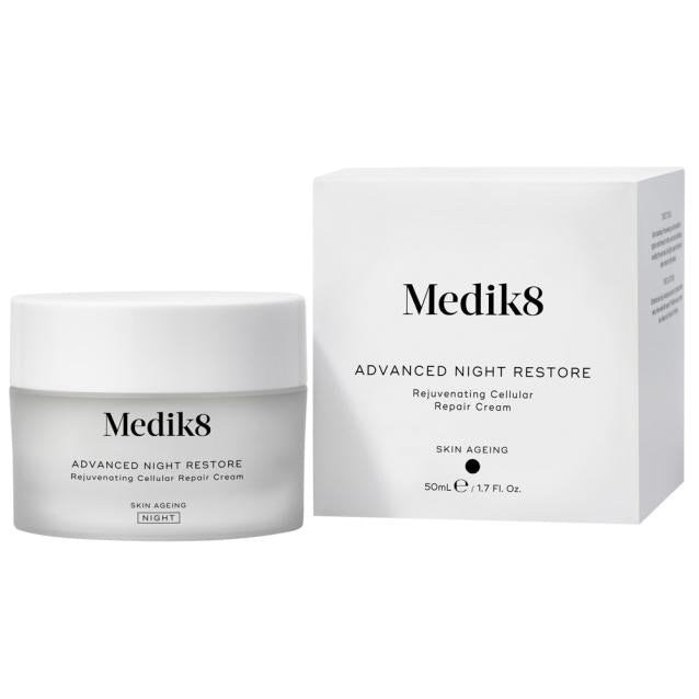 Medik8 Advanced Night Restore Moisturiser Cream 50ml with box, designed for post-retinol hydration and fine line reduction.