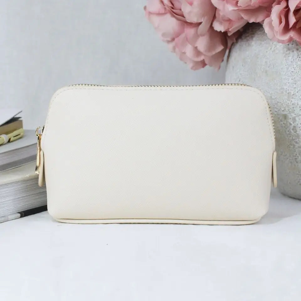 Medium Saffiano fine faux leather makeup bag in oyster with zipper.