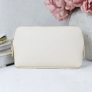 Medium Saffiano Fine Faux Leather Zipped Cosmetic Makeup Bag in Oyster