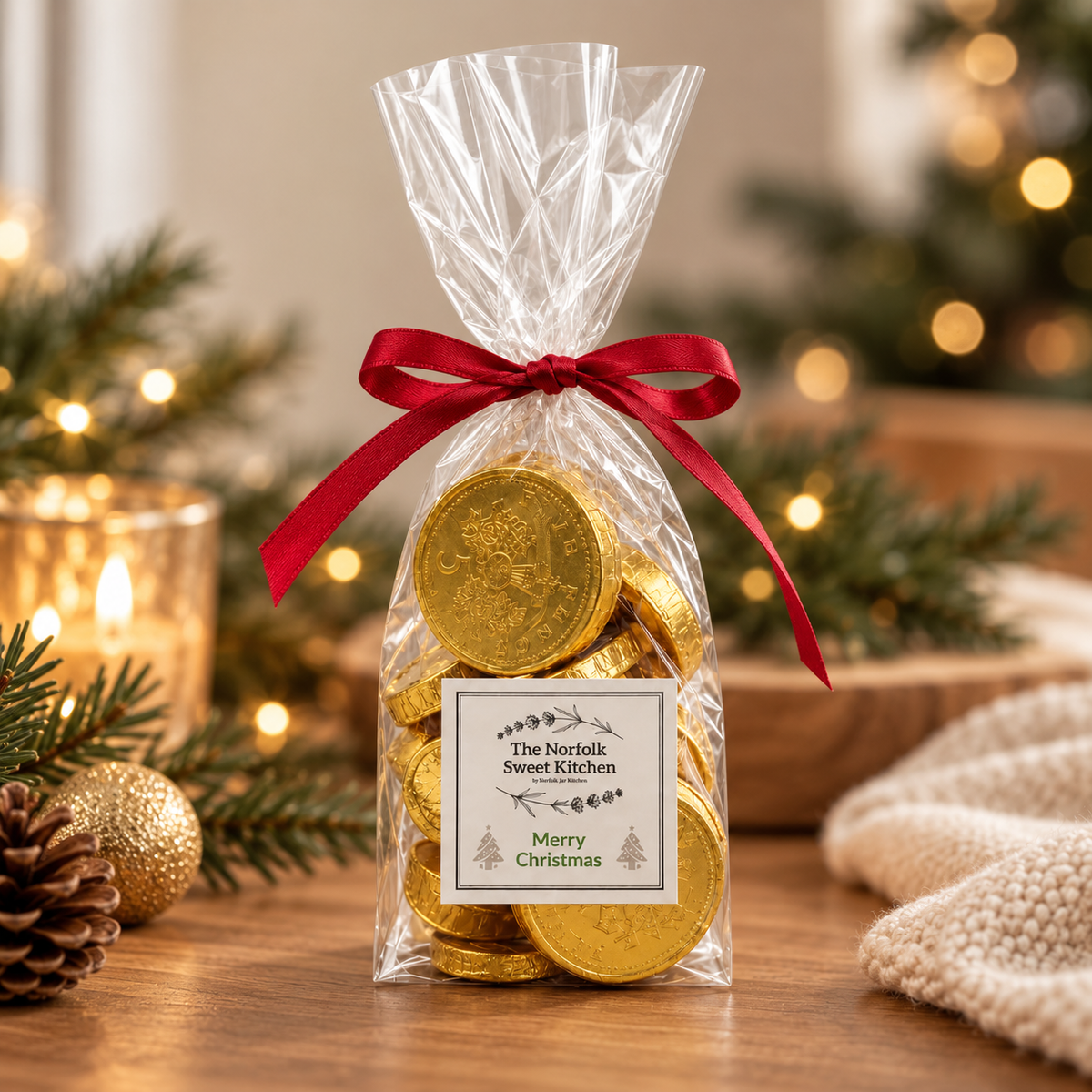 Merry Christmas Milk Chocolate Gold Coins in a ribbon-tied gift bag. A festive gift for stocking fillers, kids, teachers and Christmas tables.