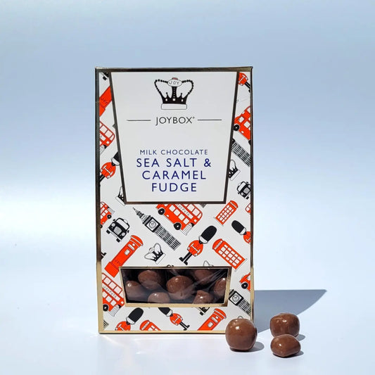 Milk Chocolate Seasalt and Caramel Fudge in decorative packaging.
