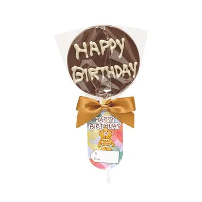 Happy Birthday chocolate lollipop with white chocolate message.