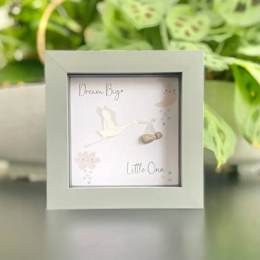 Mini pebble framed artwork gift for a new baby in deep edge box frame with nursery theme.
