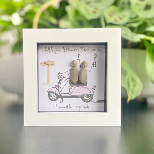 Handmade framed pebble friendship artwork in box frame with glass front.