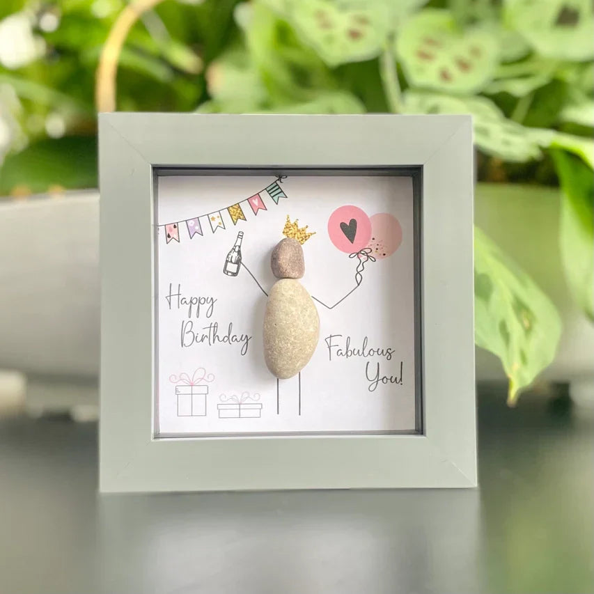 Handmade mini pebble "Happy Birthday" artwork gift in a box frame.