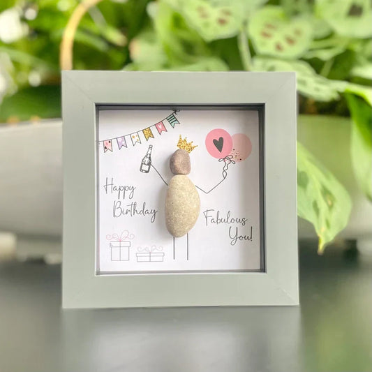 Handmade mini pebble "Happy Birthday" artwork in frame.