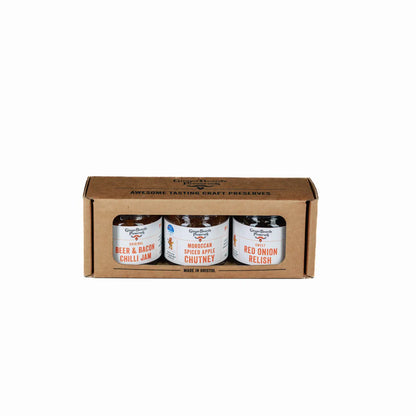 Miniature preserves in gift box with three jars of savoury spreads.
