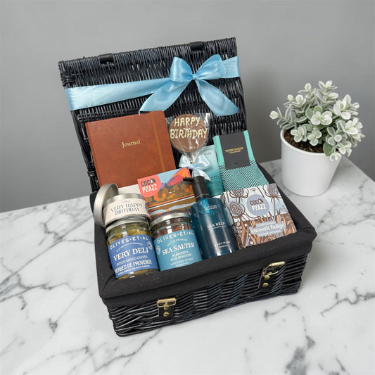 Mixed Gent’s Birthday Hamper with journal, gourmet snacks, Peper Harow socks, body wash, foot scrub and birthday chocolate treats