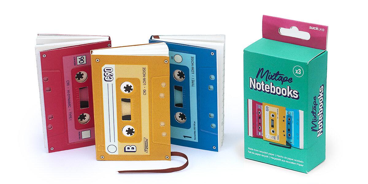Mixtape Notebook set of three, cassette tape design, pocket-sized, recycled paper.