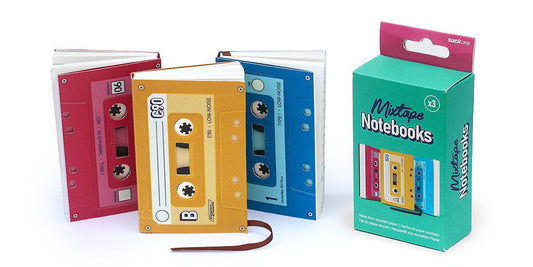 Mixtape Notebook set of three, cassette tape design, pocket-sized, recycled paper.