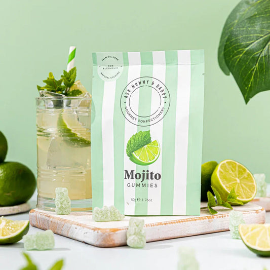 Mojito Gummies 50g pouch with lime and mint leaf-shaped candies, palm oil-free, vibrant Cuban flavors.