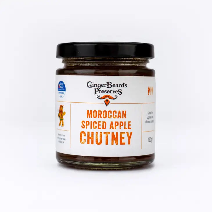 Moroccan Spiced Apple Chutney jar with label by GingerBeard's Preserves.