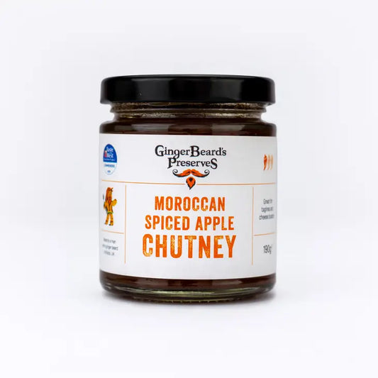 Moroccan Spiced Apple Chutney jar with label by GingerBeard's Preserves.