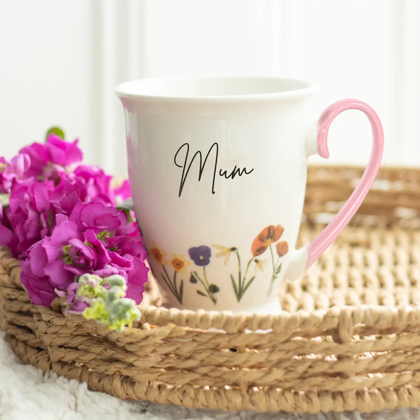 Mum Wildflower Pedestal Mug with floral design on wicker tray.