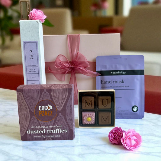 Mum’s Pamper Gift Set with truffles, hand mask, room spray, and “MUM” chocolates – thoughtful gift for birthdays or Mother’s Day.