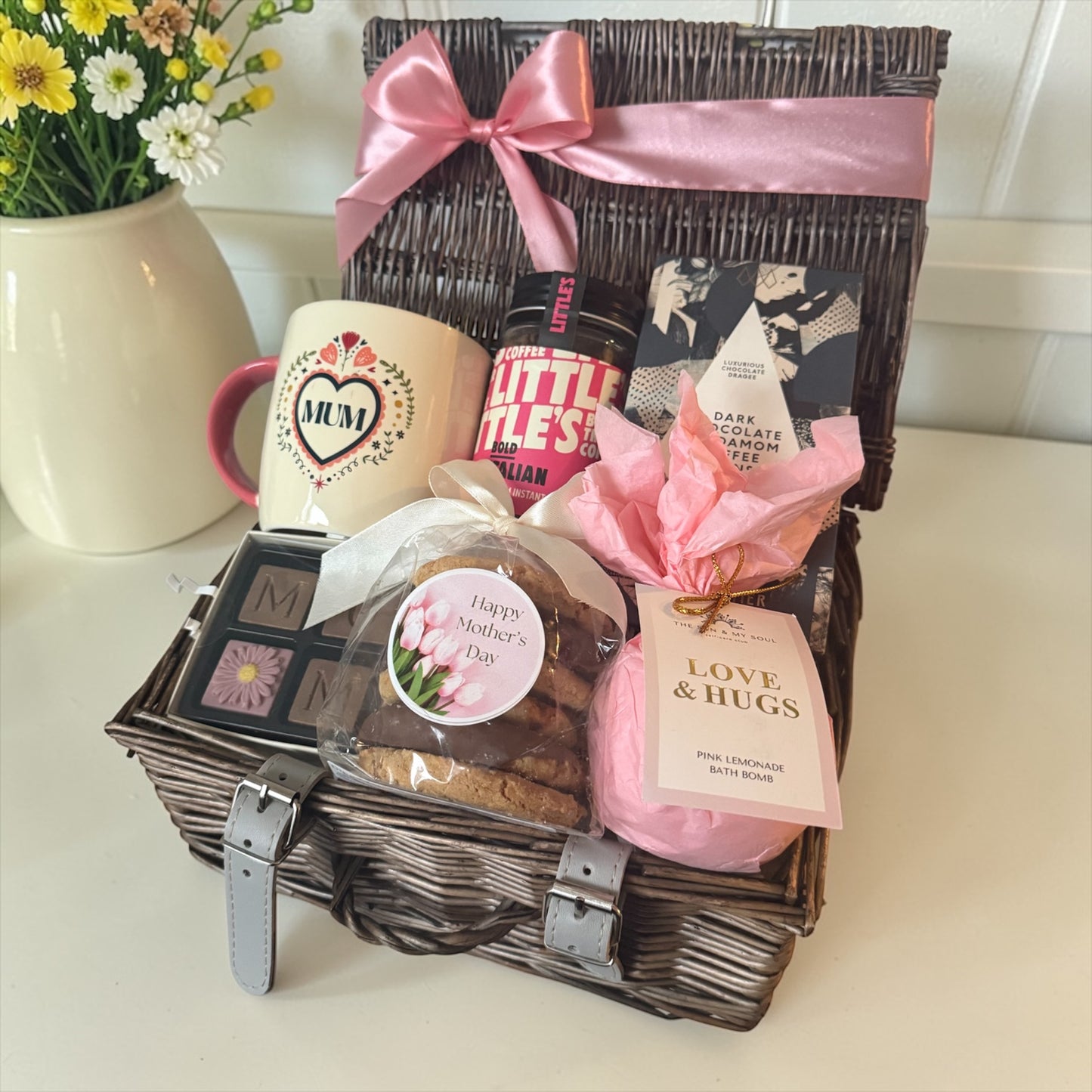 Mum’s Coffee Break gift hamper with mum mug, artisan chocolates, cookies, bath bomb and gourmet coffee.