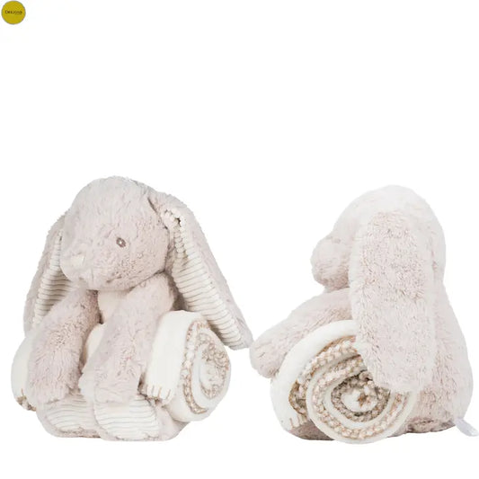 Soft toy rabbit and cream fleece blanket set, featuring a light brown plush rabbit with cream corduroy accents.