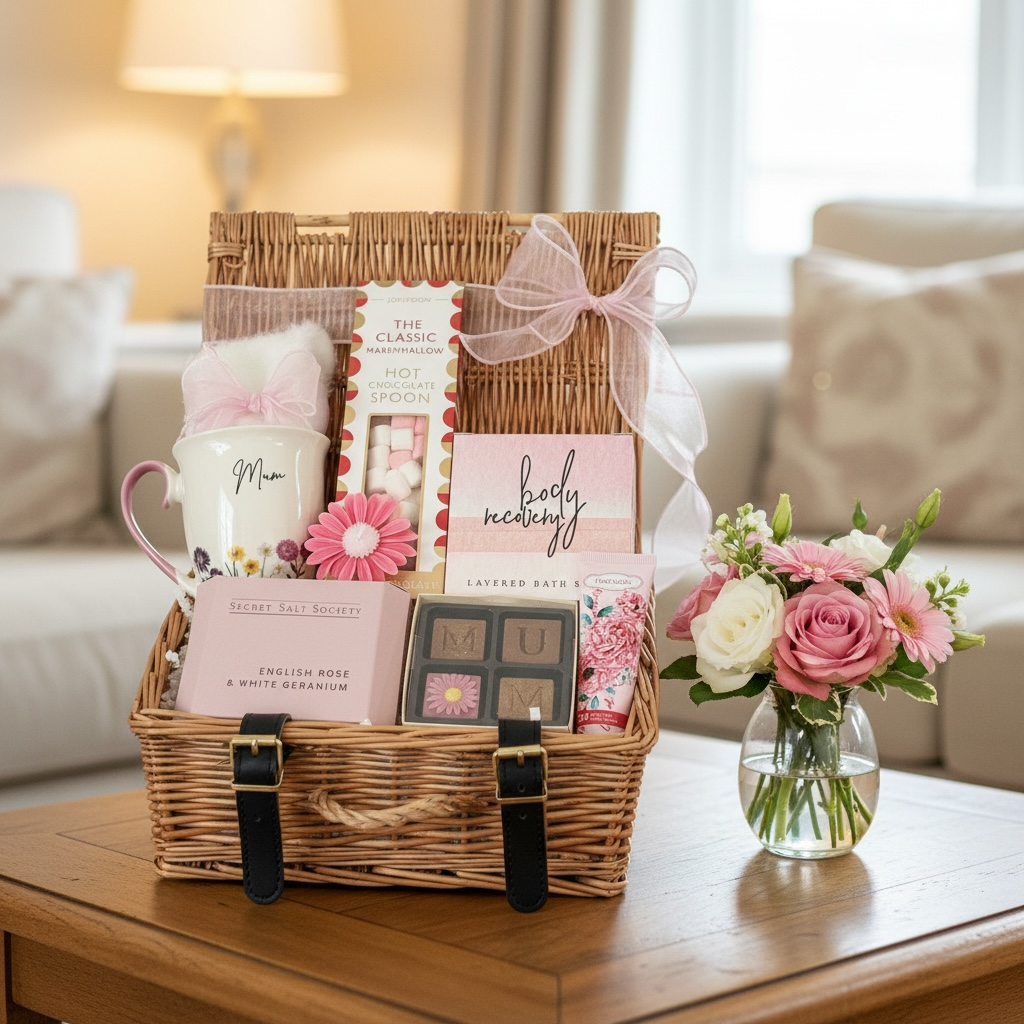 A thoughtful mum’s gift hamper with a floral mug, hot chocolate, chocolates, cosy socks, bath treats, hand cream and a daisy candle arranged together.