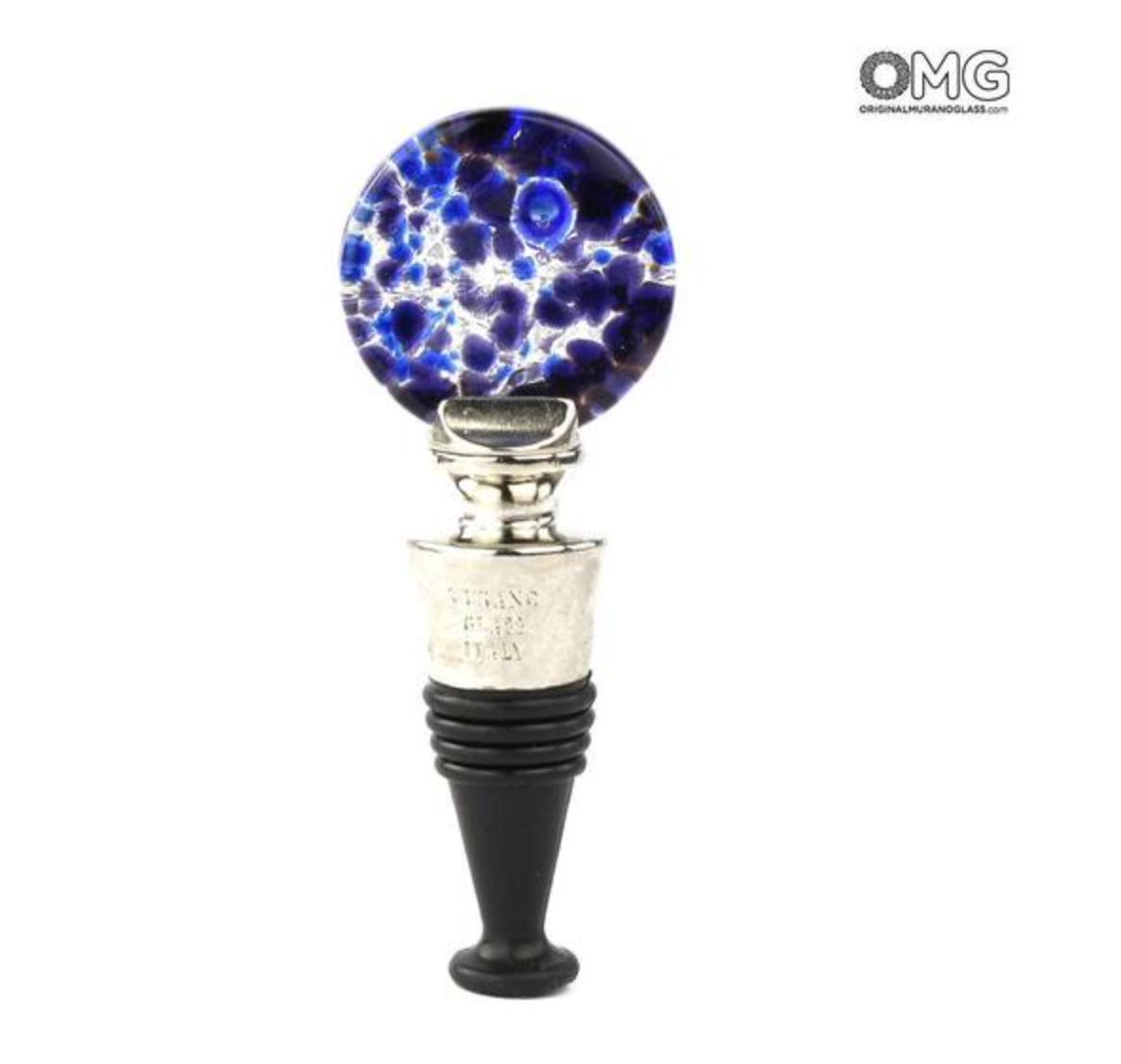Murano glass blue bottle stopper with elegant swirl design.