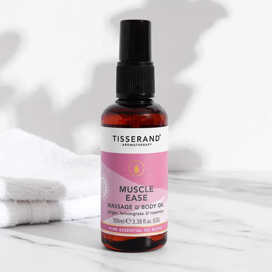 Muscle Ease Massage & Body Oil, 100ml bottle, UK-made, for soothing muscle tension and enhancing massage experience.