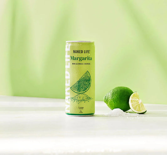 Naked Life Margarita non-alcoholic cocktail in a green can with lime illustration.