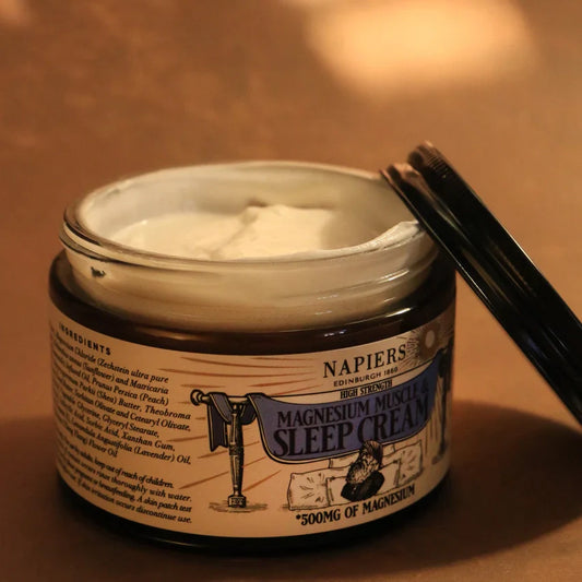 Luxury jar of Napiers Magnesium Muscle & Sleep Cream, 100ml, for restful sleep and muscle relaxation.