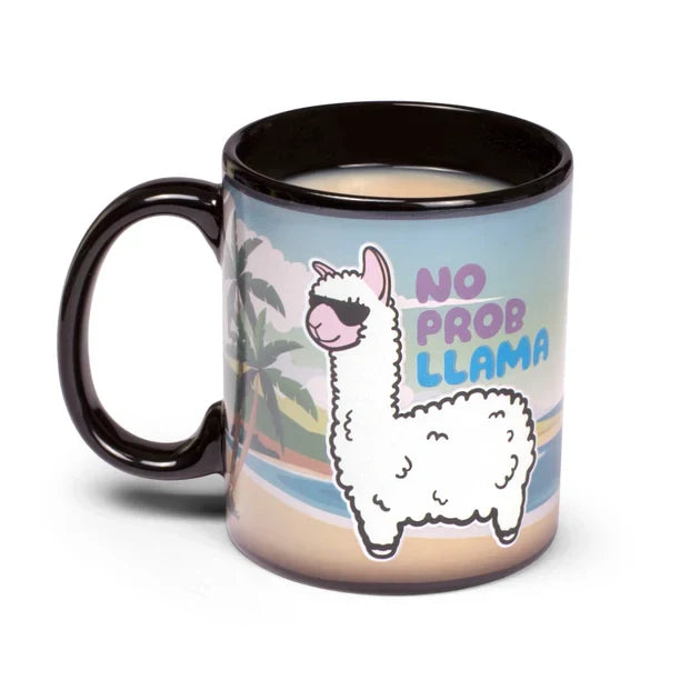 Witty "No Prob Llama" mug with heat-changing beach scene and playful llama design.